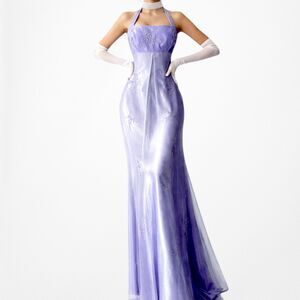 Vintage Y2K 90s Purple Ombre Floral Beaded Mesh Satin Maxi Prom Dress Size XS/S